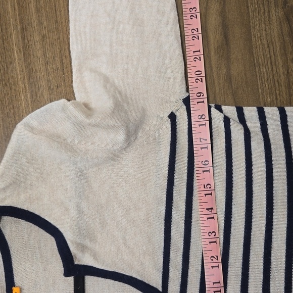 TORY BURCH-Odessa Pullover Sweater Stripe Long Sleeve Tan Navy Blue-Size Medium - Picture 17 of 17